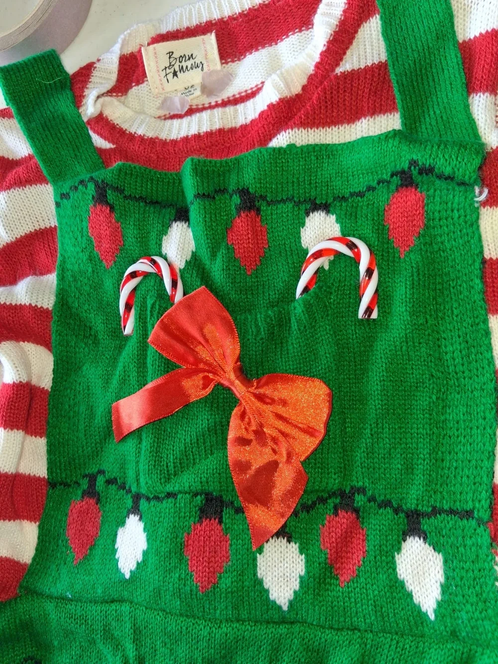 Born Famous Christmas Ornament Jumper Dress - Green, Red, White